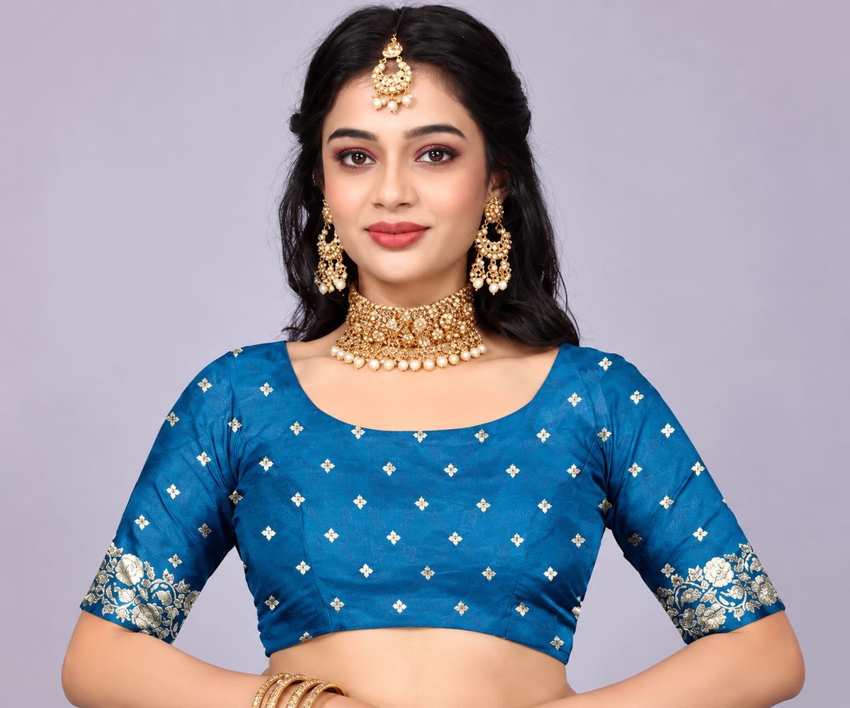 Regal Peacock Blue Woven Banarasi Silk Saree with Rich Gold Zari Work