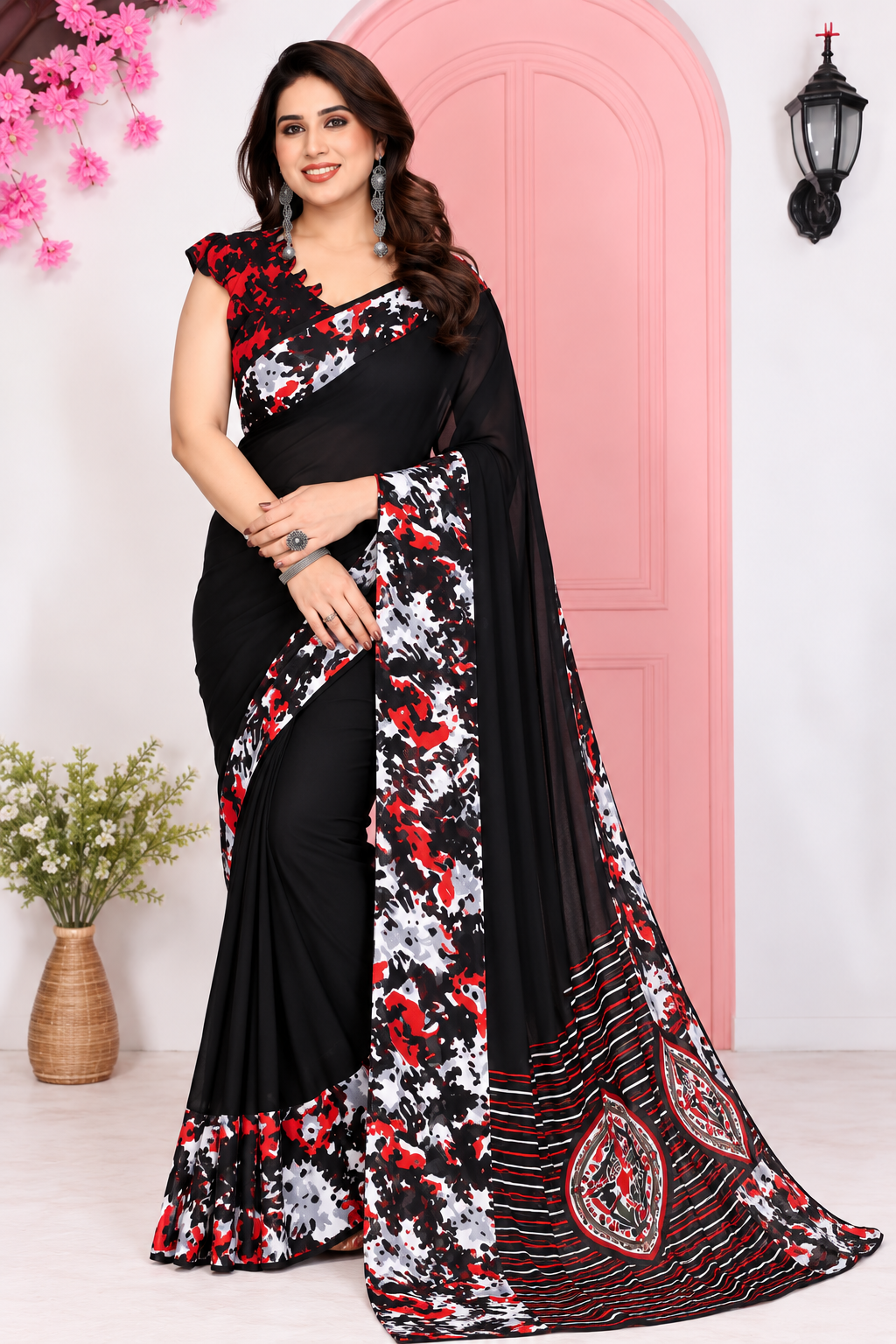 Pack of 2 Elegant Floral Printed Georgette Sarees (Black & Maroon Combo)