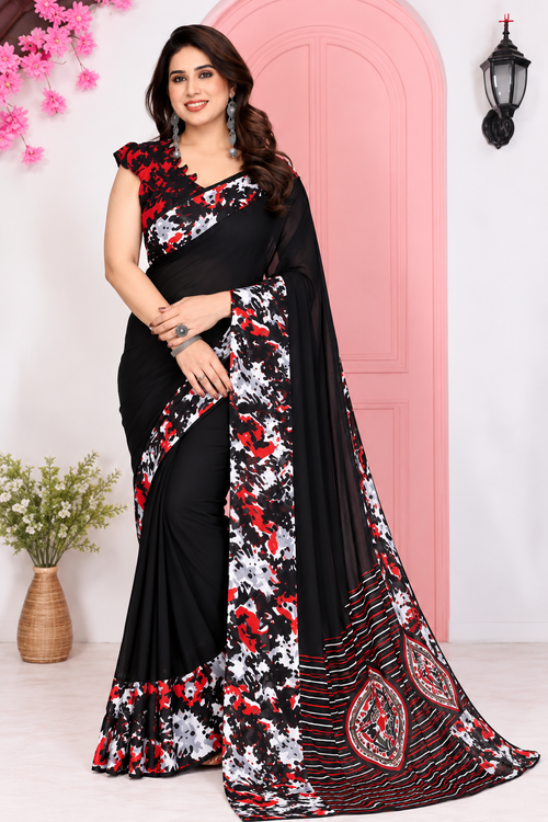 Pack of 2 Elegant Floral Printed Georgette Sarees (Black & Maroon Combo)