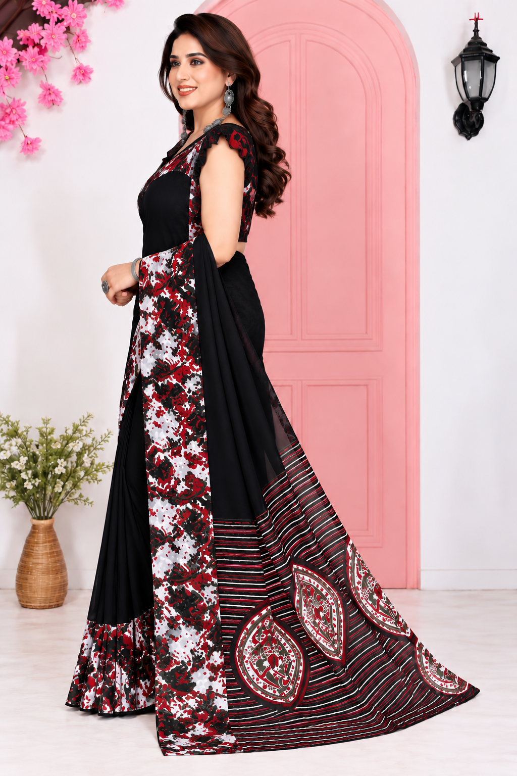 Pack of 2 Elegant Floral Printed Georgette Sarees (Black & Maroon Combo)