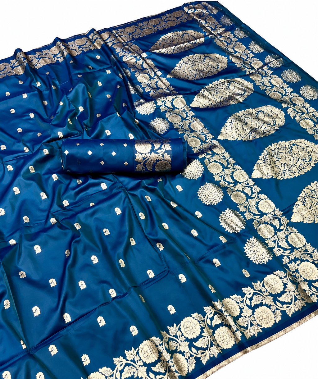 Regal Peacock Blue Woven Banarasi Silk Saree with Rich Gold Zari Work