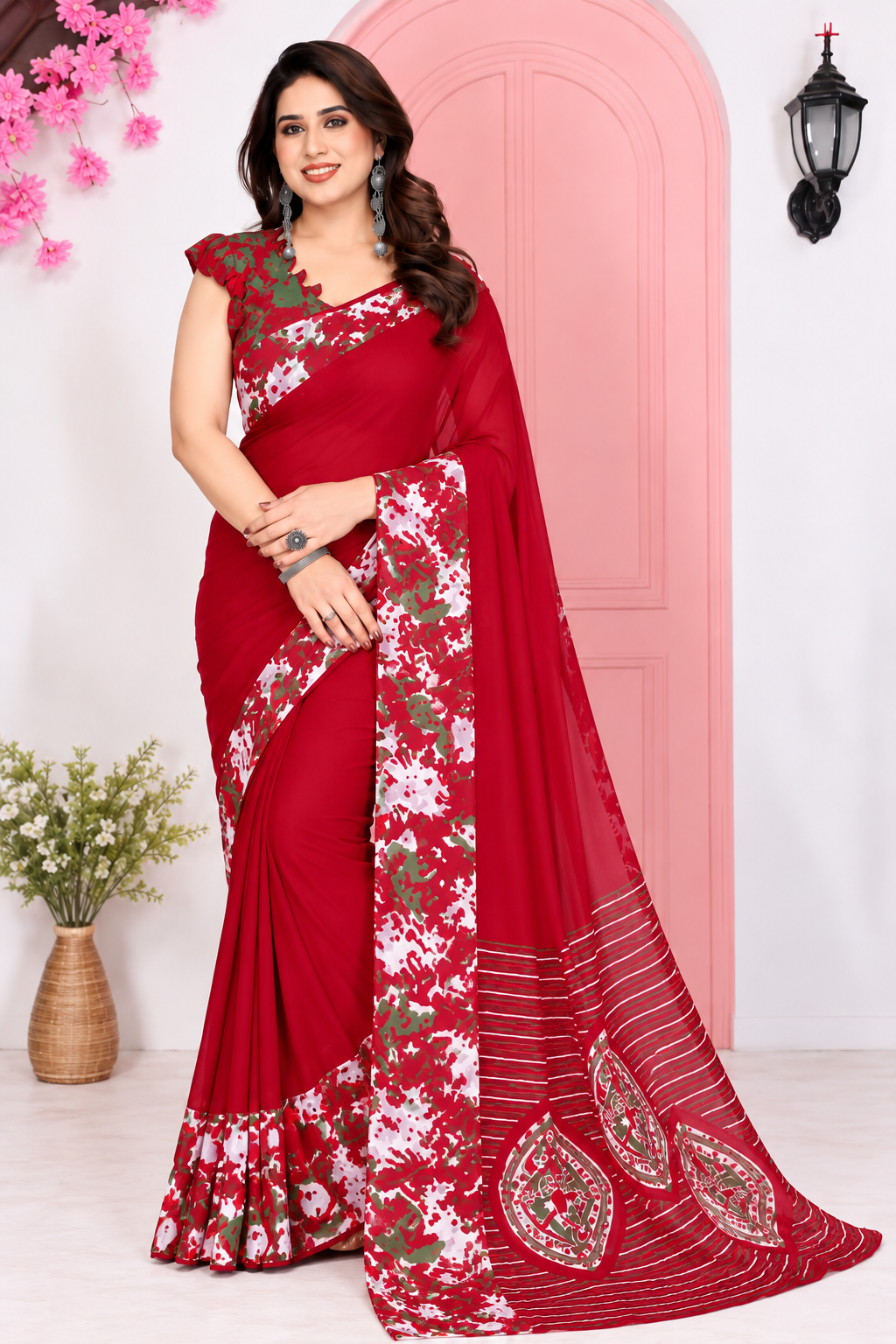 Pack of 2 Elegant Floral Printed Georgette Sarees (Black & Maroon Combo)
