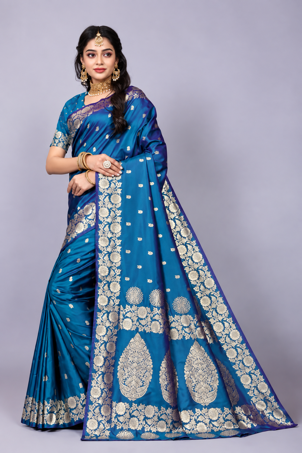 Regal Peacock Blue Woven Banarasi Silk Saree with Rich Gold Zari Work