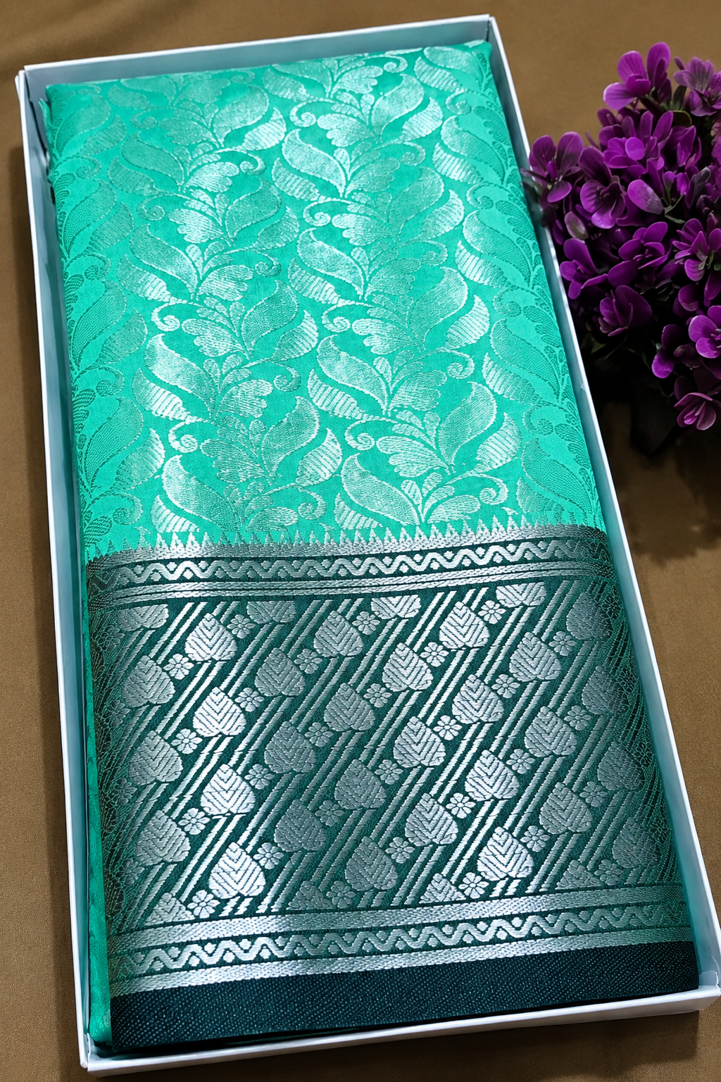 Royal Mint Green Woven Banarasi Silk Saree with Silver Zari Work