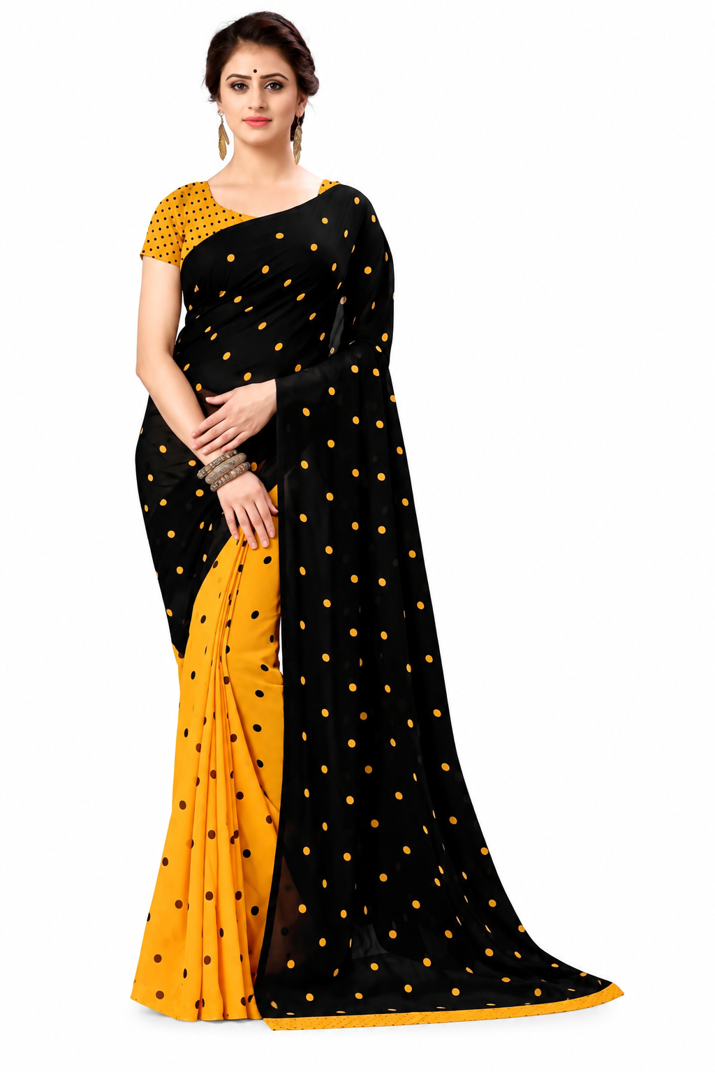 Midnight Black & Marigold Yellow Polka Dot Draped Georgette Saree