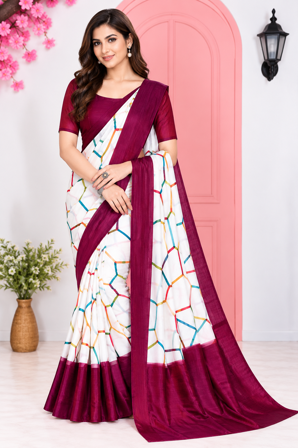 Chic White & Wine Printed Satin Silk Daily Wear Saree with Solid Border
