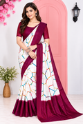 Chic White & Wine Printed Satin Silk Daily Wear Saree with Solid Border