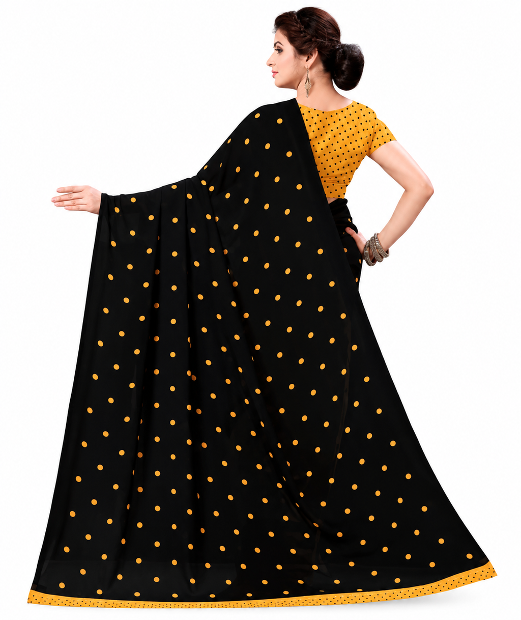 Midnight Black & Marigold Yellow Polka Dot Draped Georgette Saree