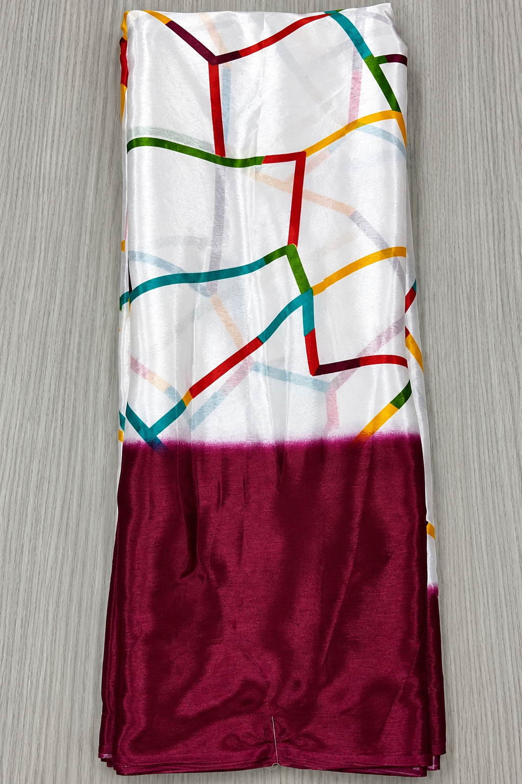 Chic White & Wine Printed Satin Silk Daily Wear Saree with Solid Border