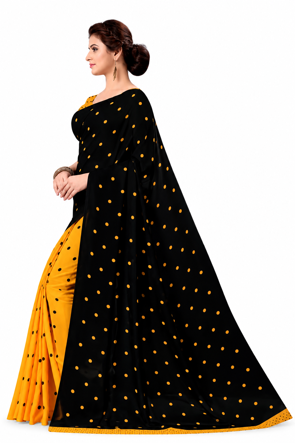 Midnight Black & Marigold Yellow Polka Dot Draped Georgette Saree