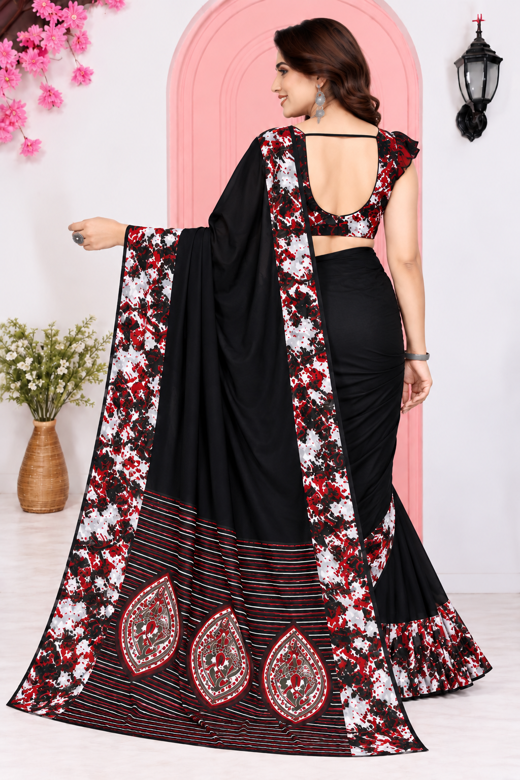 Pack of 2 Elegant Floral Printed Georgette Sarees (Black & Maroon Combo)