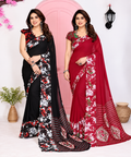 Pack of 2 Elegant Floral Printed Georgette Sarees (Black & Maroon Combo)