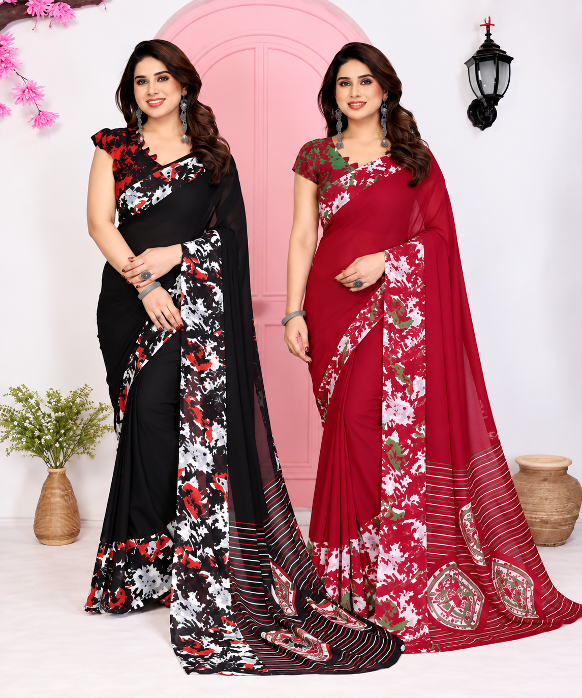 Pack of 2 Elegant Floral Printed Georgette Sarees (Black & Maroon Combo)